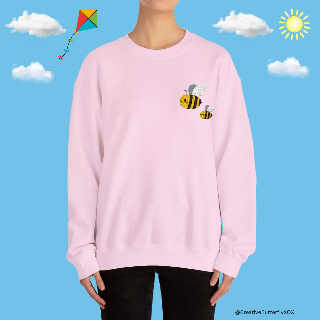 Embroidery bumblebee crewneck, nature-inspired bee pullover shirt, embroidered bee sweater - modeled view color light pink