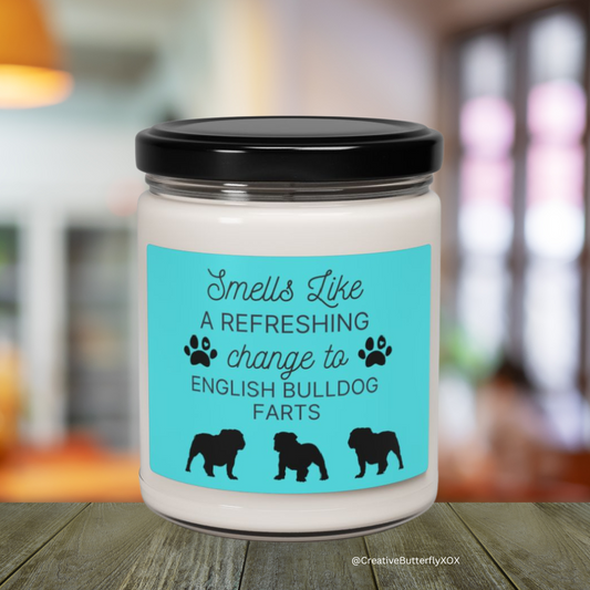 Funny English Bulldog candle with 'Smells like a refreshing change to English Bulldog farts' – great gift for dog moms