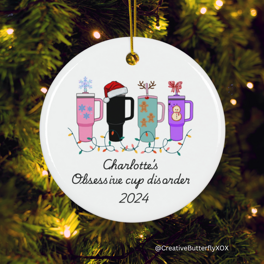 Funny coffee ornament Personalized Obsessive Cup Disorder travel mug style keepsake gift for coffee enthusiasts