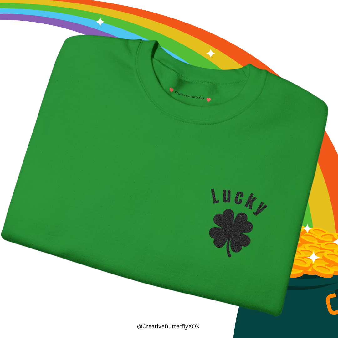 Green St Patrick's Day sweater with embroidered four-leaf clover design