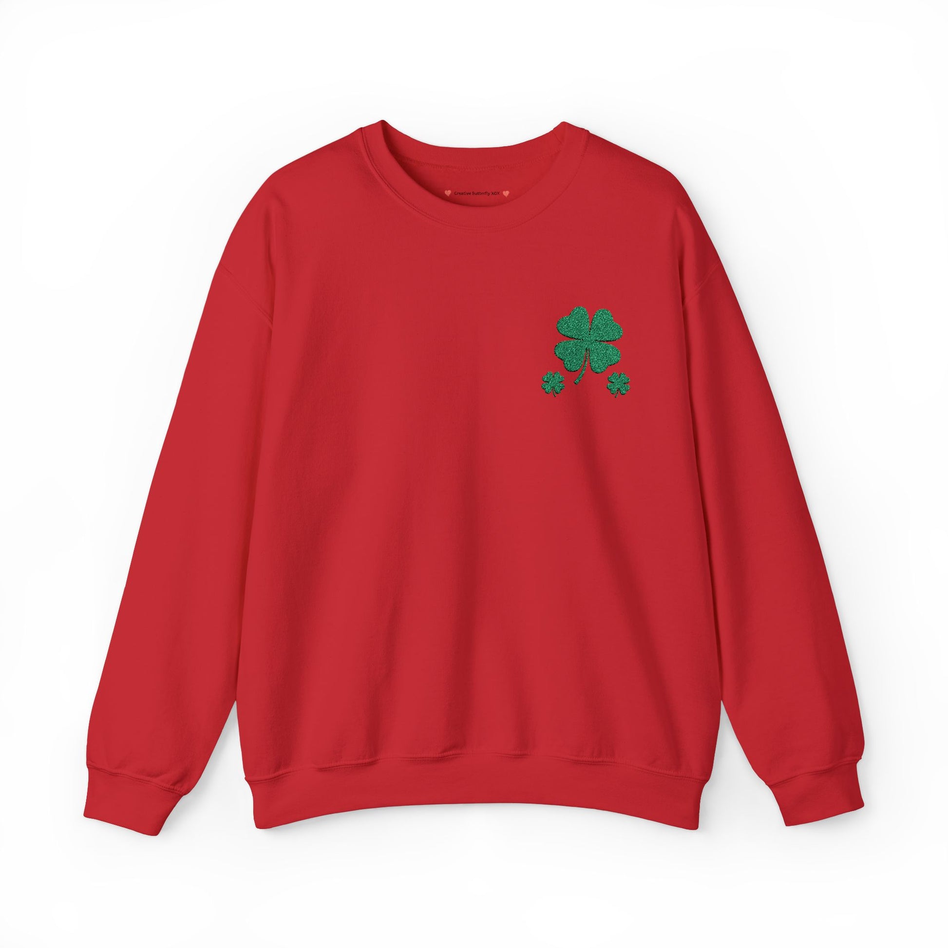 Green four-leaf clover embroidered shamrock on a red sweatshirt pullover, a must-have for St. Paddy’s Day festivities 