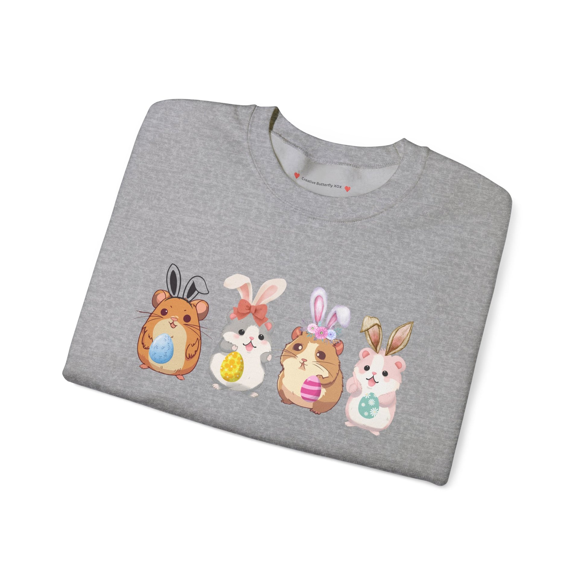 Hamster Easter sweatshirt cozy bunny ears mouse pullover cute rodent springtime festive top - color sport grey close up pic

