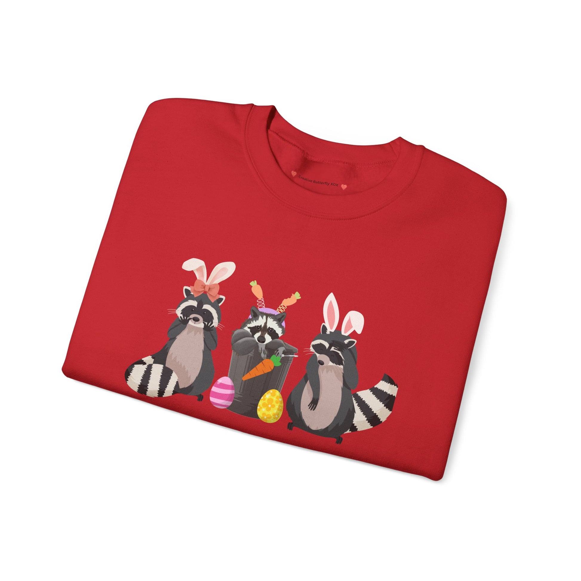 Kawaii Easter sweatshirt pullover with raccoons, bunnies, street cat style - color red close up