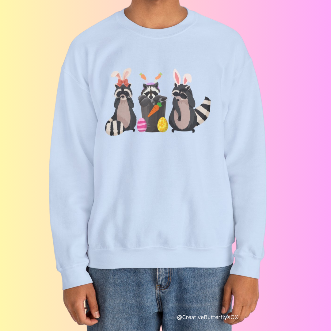 Kawaii Easter sweatshirt with raccoons dressed as Easter bunnies in spring time pastel colors, easter sweater, easter pullover