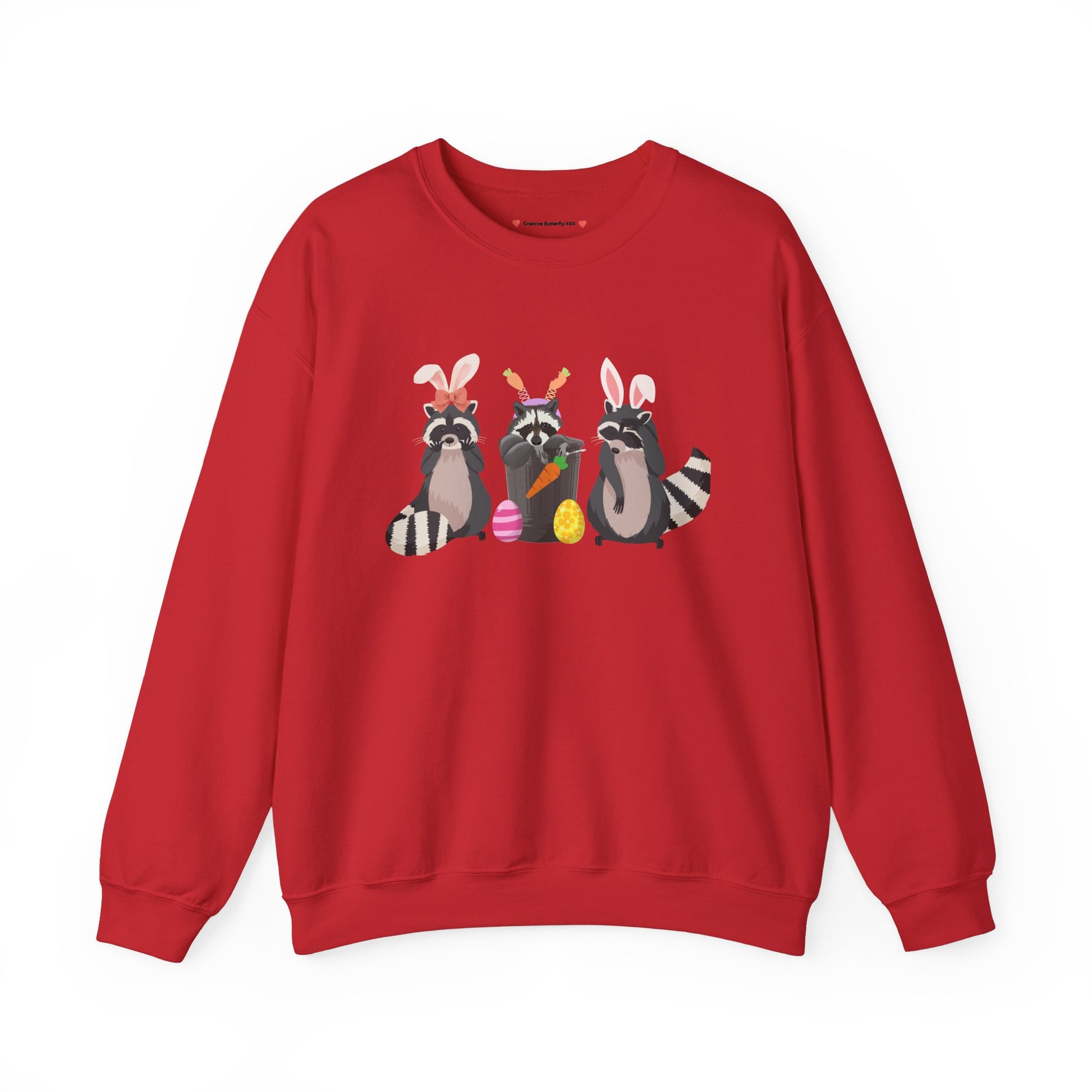 Kawaii animal Easter pullover with raccoons and pastel bunny details - color red