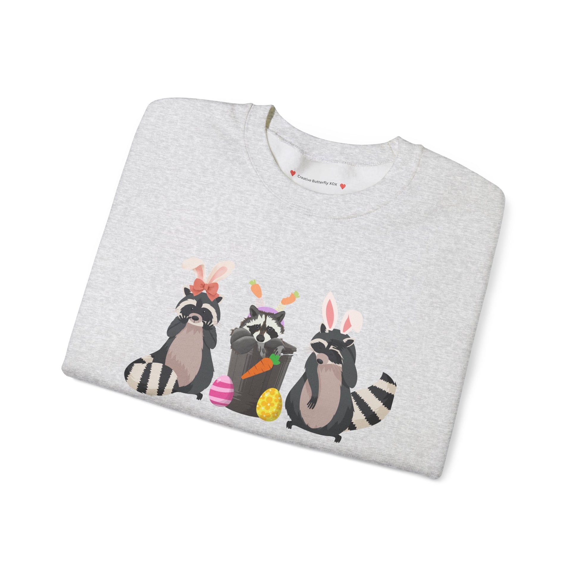 Kawaii critter Easter sweatshirt pullover with raccoons and bunny-themed design - color light grey close up