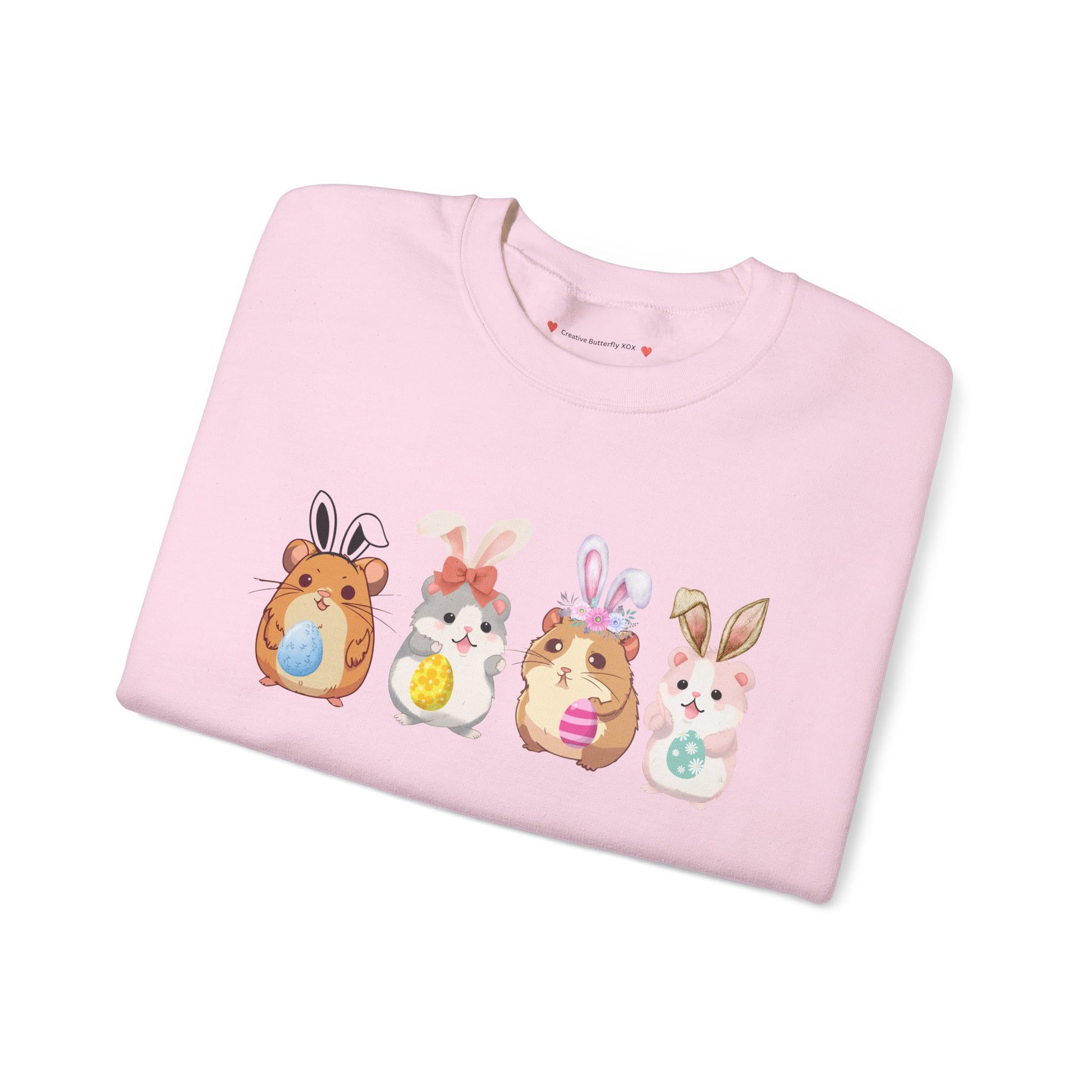 Kawaii hamster Easter pullover cute bunny ears cozy rodent mouse sweatshirt spring festival wear - close up color pastel pink, baby pink, soft pink