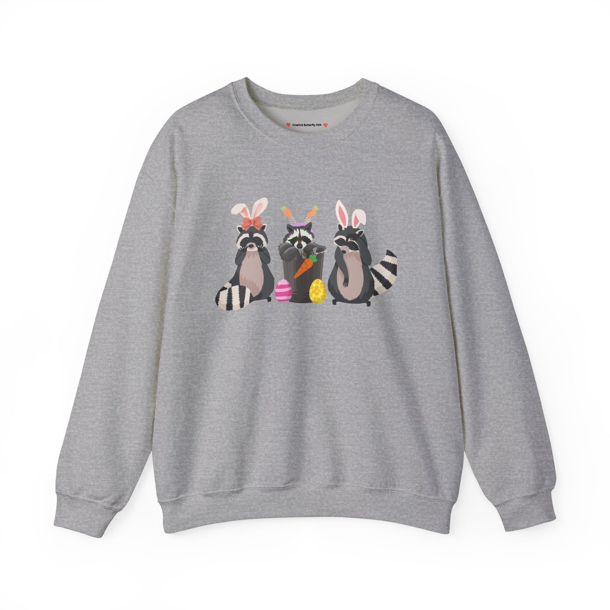 Kawaii raccoon crewneck sweatshirt for Easter celebrations and spring outfits - color grey
