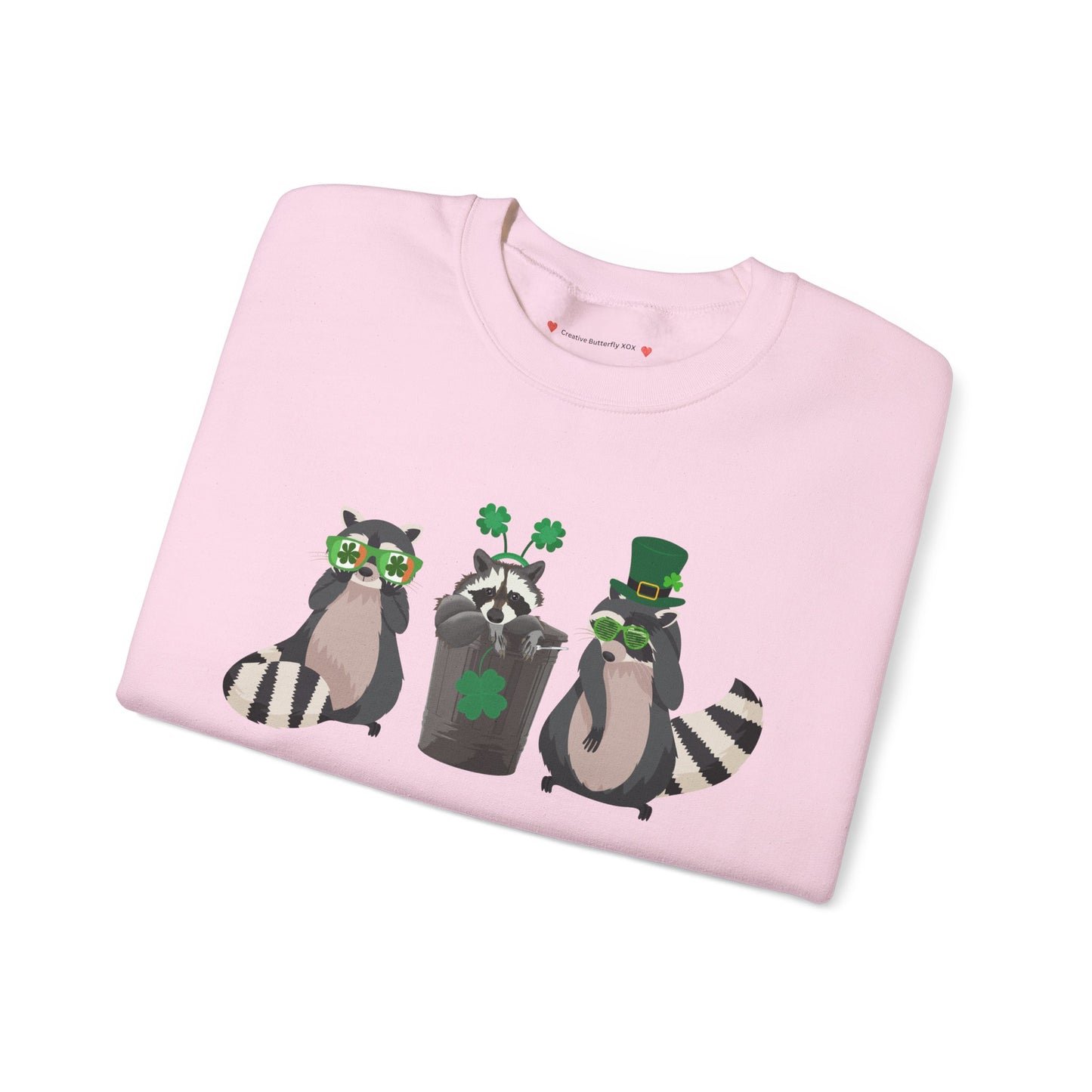 Kawaii woodland critter Raccoons sweatshirt for St. Patrick’s Day featuring four leaf clovers - colors light pink baby pink