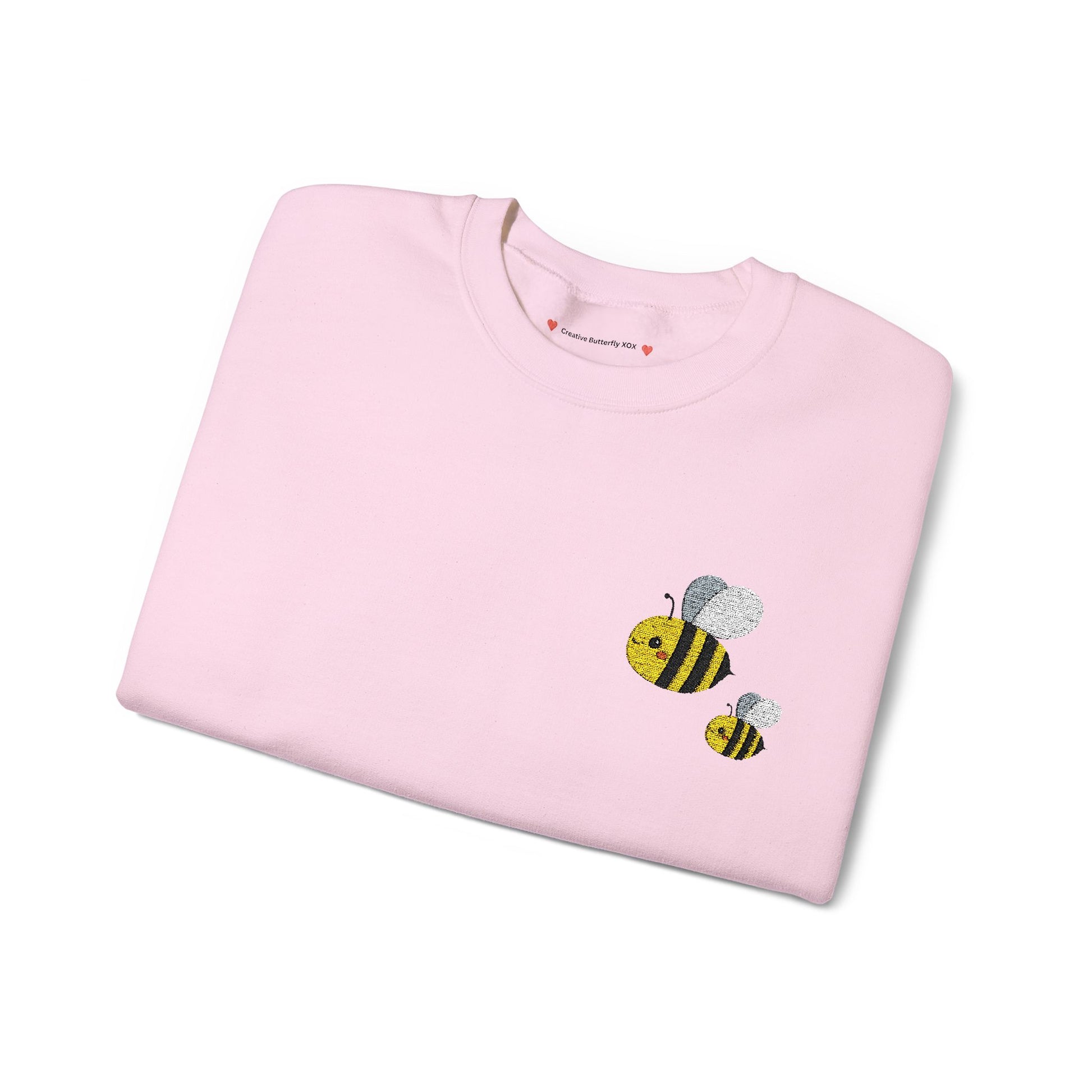 Light pink - Embroidered bee sweatshirt sweater kawaii, embroidery folded close up view color light pink- by Creative Butterfly XOX