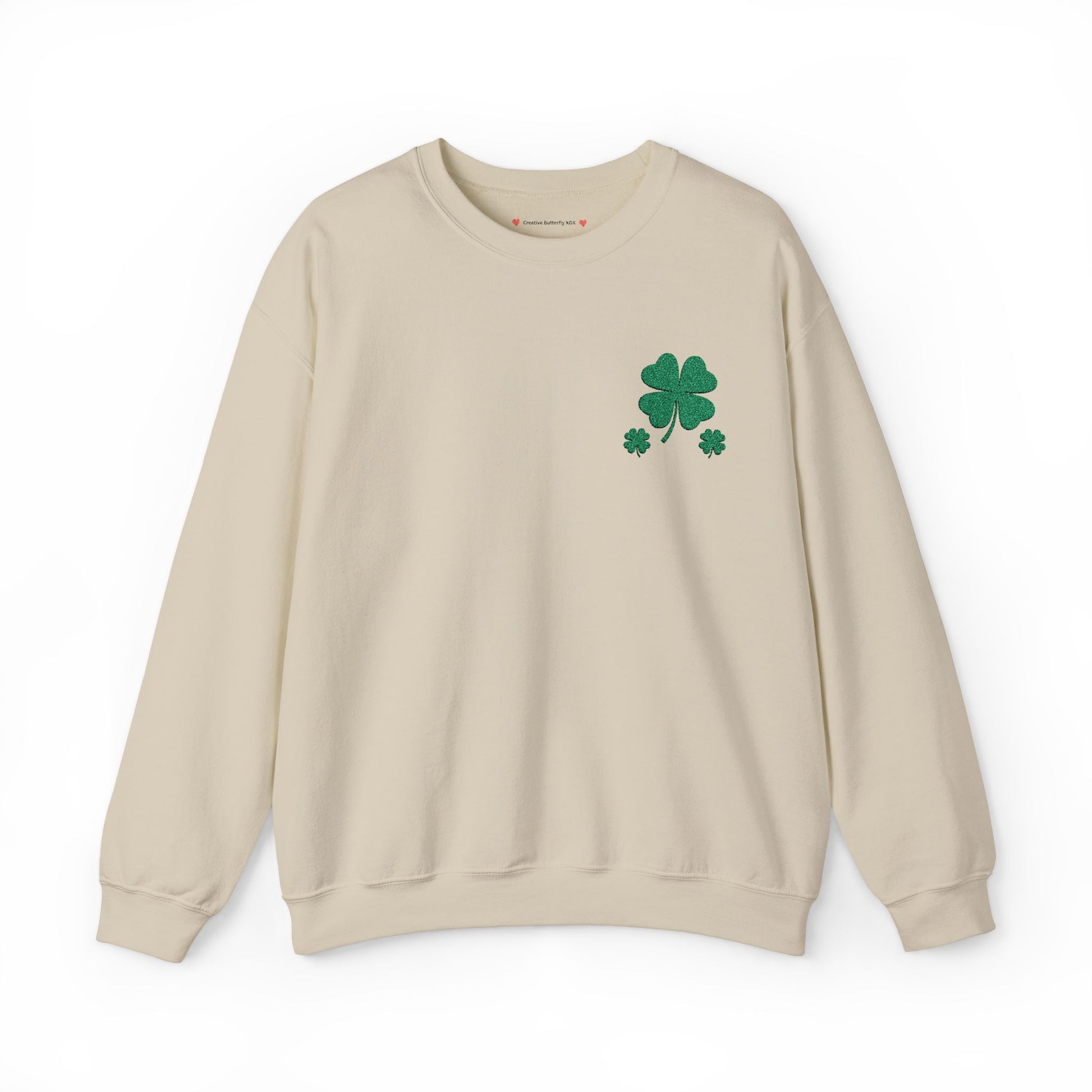 Lucky Irish clover pullover, great for St. Patrick’s Day parades and pub crawls - color sand crewneck sweatshirt with green embroidered 4 leaf clover
