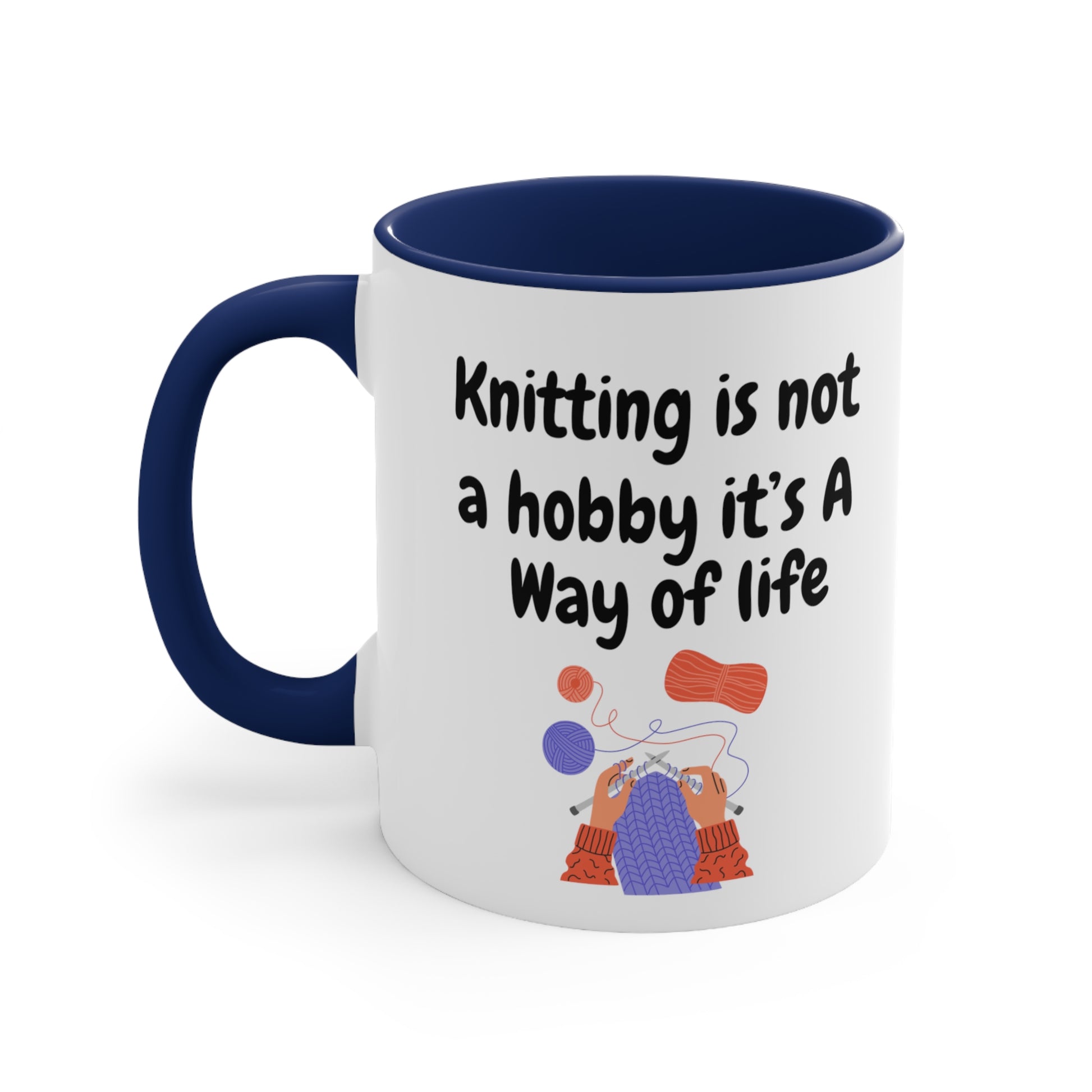 Navy Blue Knitters coffee mug with humorous 'Knitting Is Not A Hobby' quote
