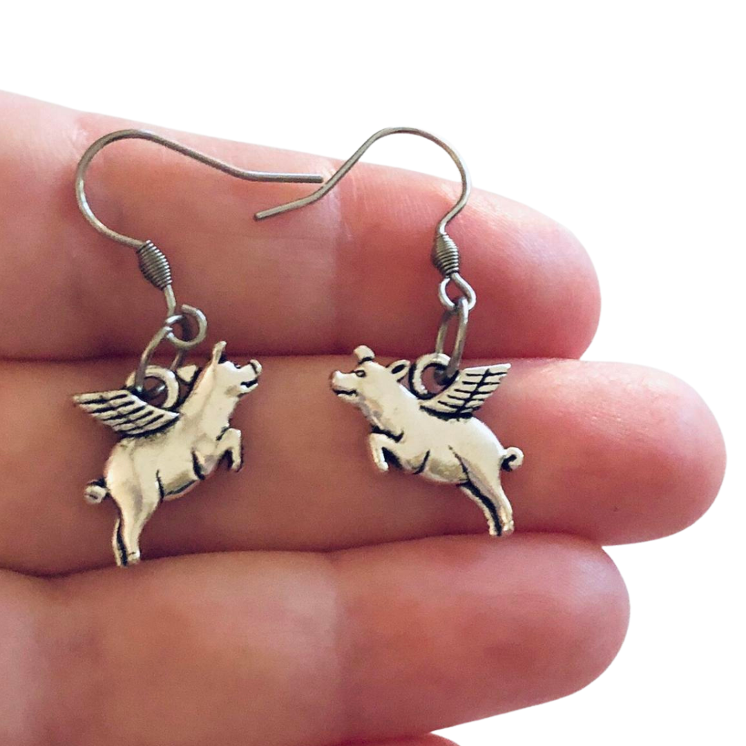 Pig Earrings, When Pigs Fly Earrings, Cherub Angel Pig, Funny Earrings Silver Jewelry, Stainless Steel Fish Hooks