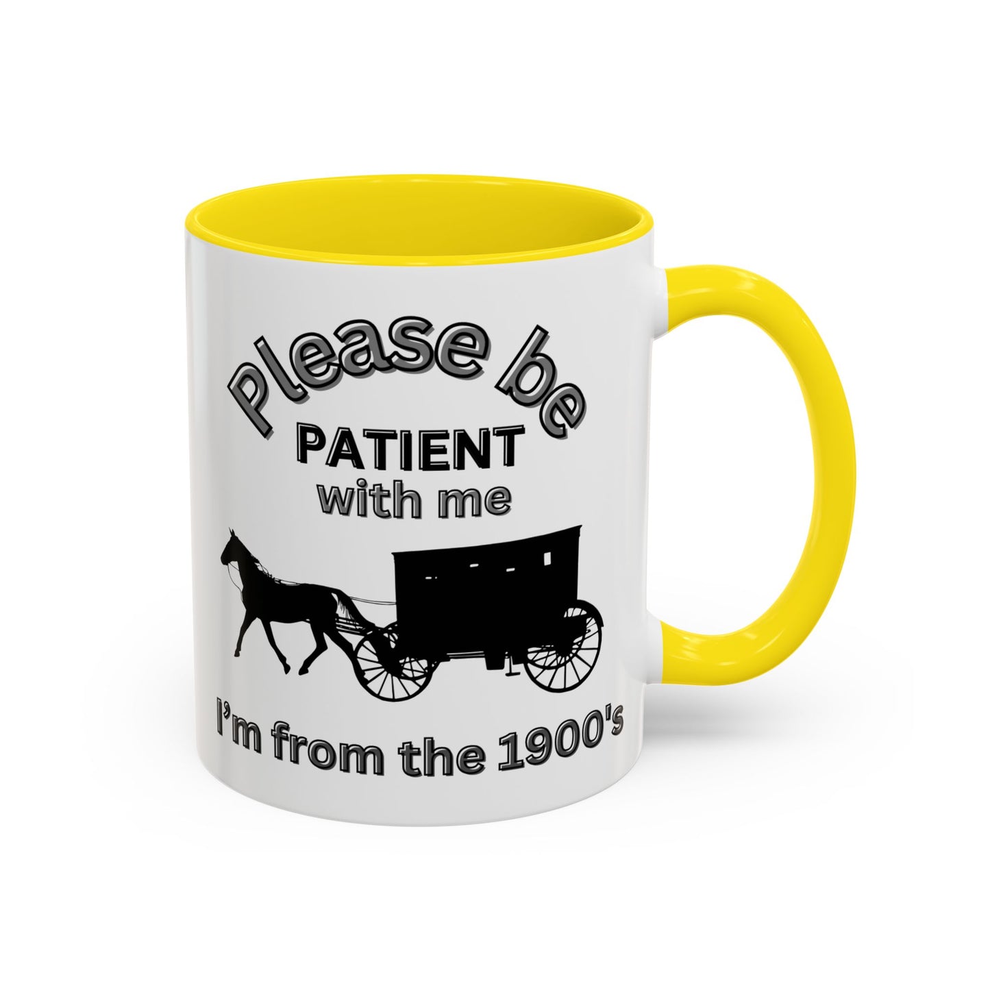 Perfect for Retirees | "Please Be Patient With Me I'm From the 1900s" Mug | Gen X Old Man Joke | Horse & Carriage Design for Dads and Bosses - color purple - color yellow 