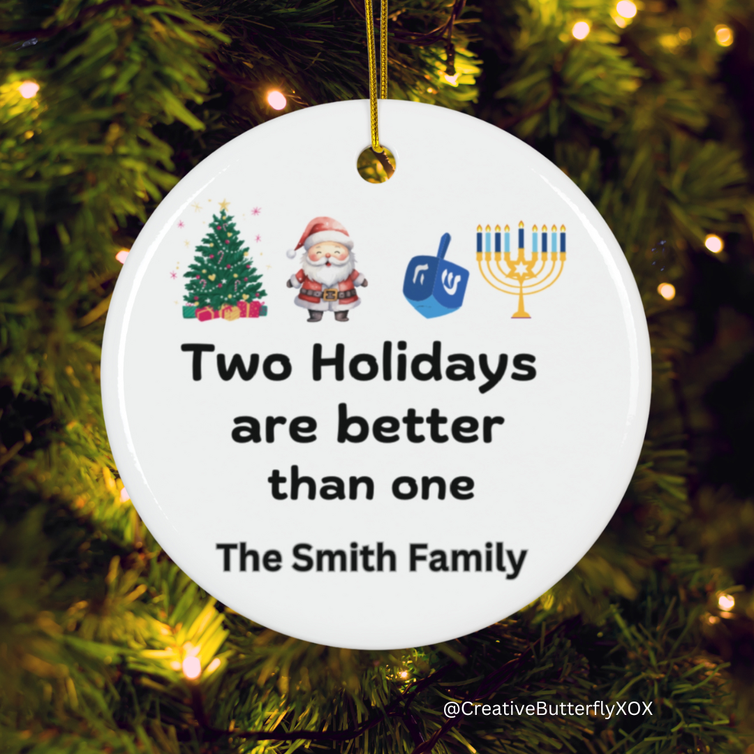 Personalized interfaith Hanukkah and Christmas ornament, custom Chrismukkah ornament family holiday keepsake 