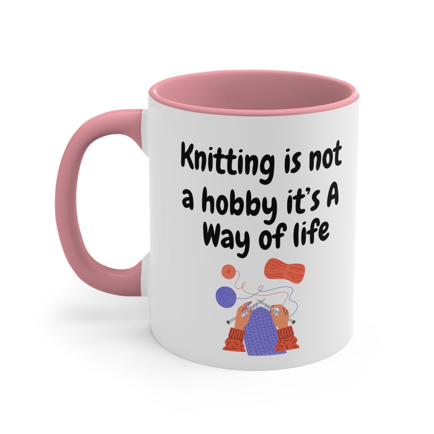 Pink Funny knitting mug for knitters with 'Knitting Is Not A Hobby' text
