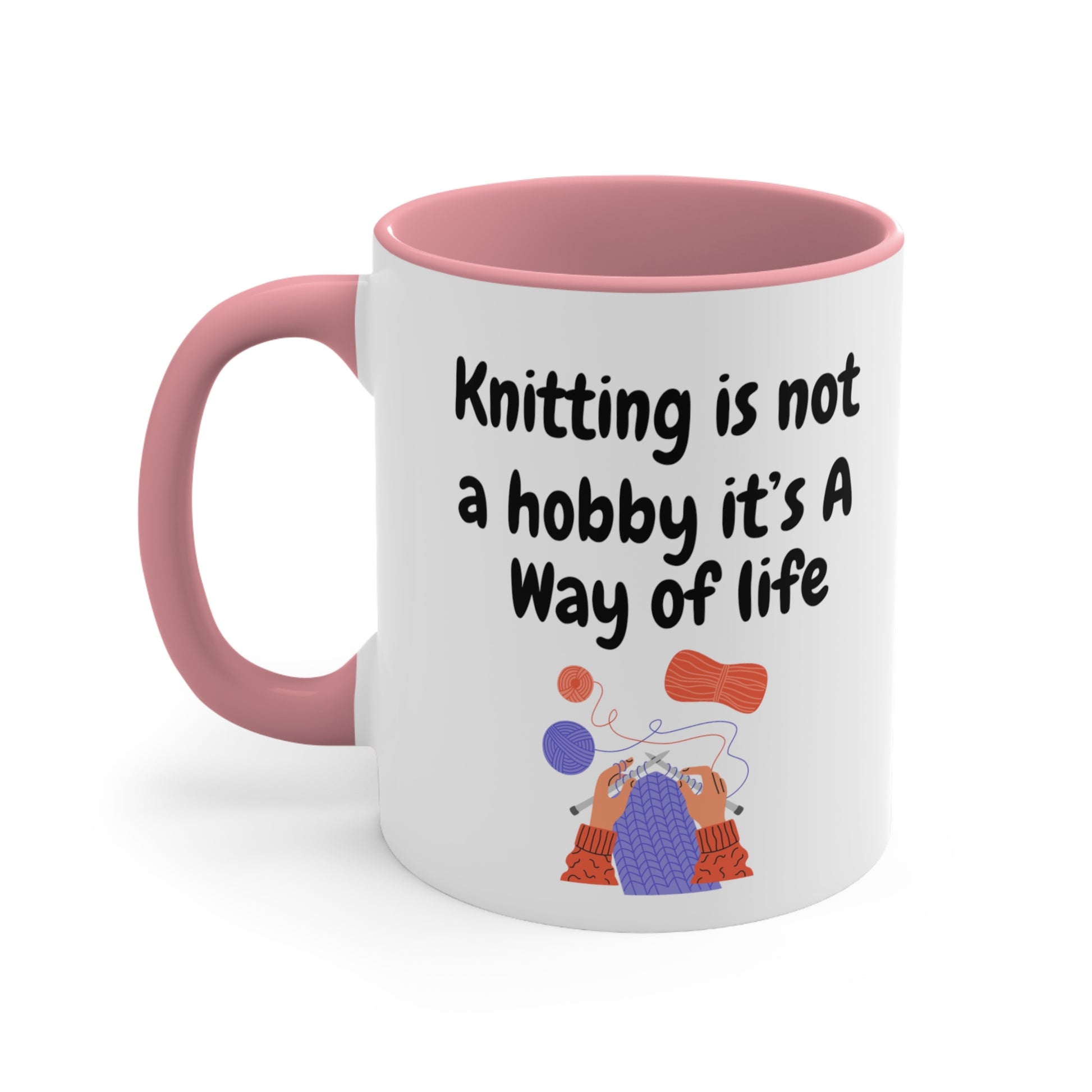 Pink Funny knitting mug for knitters with 'Knitting Is Not A Hobby' text
