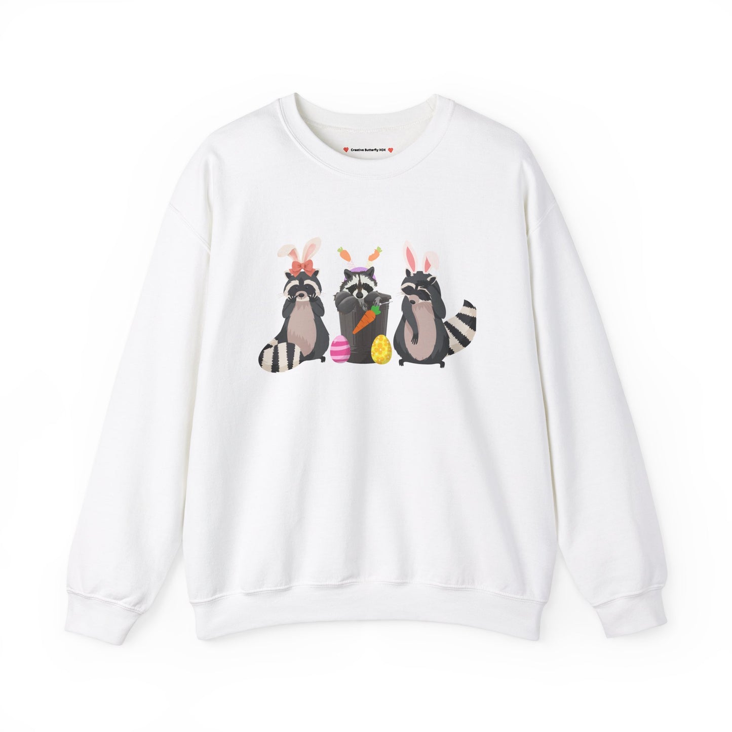 Raccoon Easter bunny sweatshirt with adorable woodland critters - color white