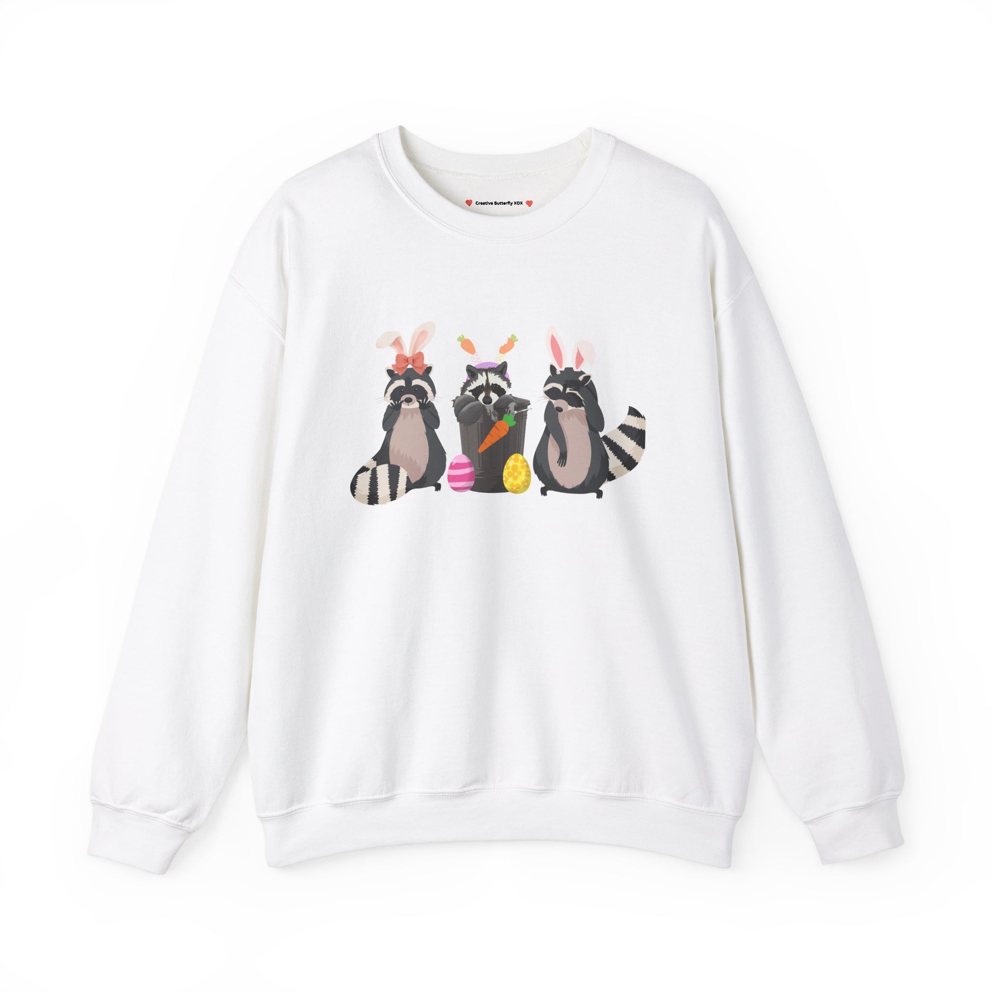 Raccoon Easter bunny sweatshirt with adorable woodland critters - color white