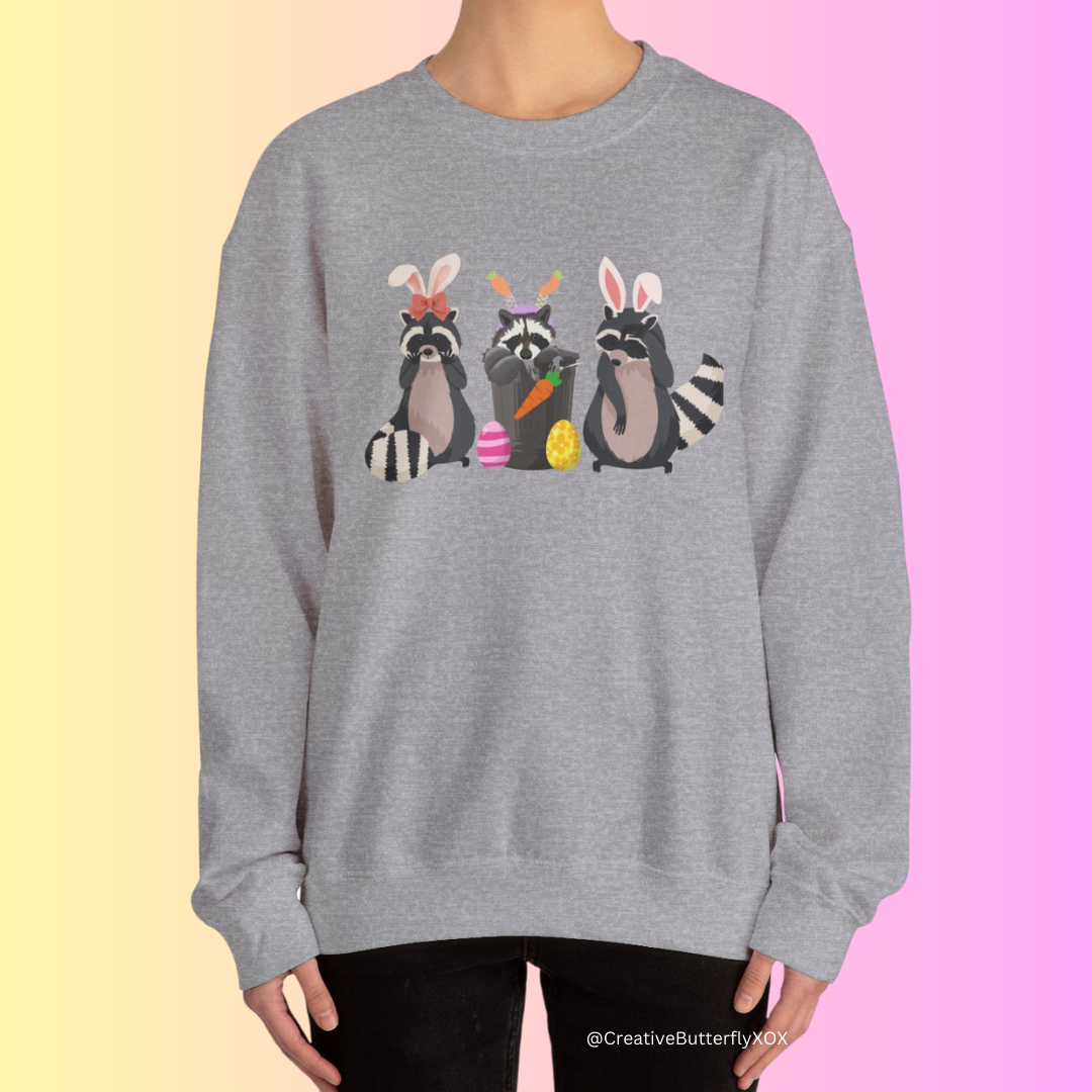 Raccoon Easter bunny sweatshirt with adorable woodland critters trash pandas, easter shirt, funny easter sweatshirt