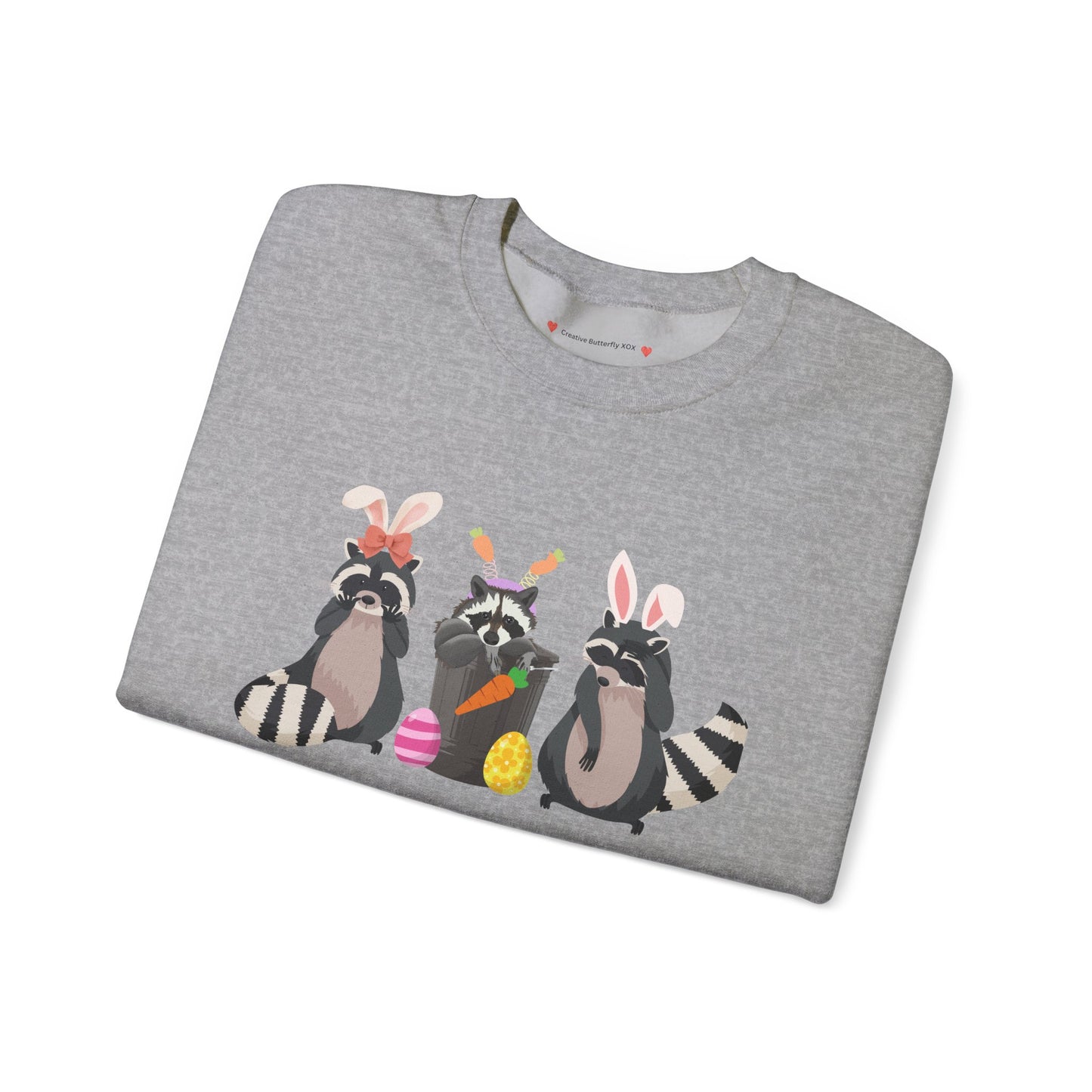 Raccoon crewneck sweatshirt with bunny ears design for a cute kawaii Easter outfit Y2K - color grey