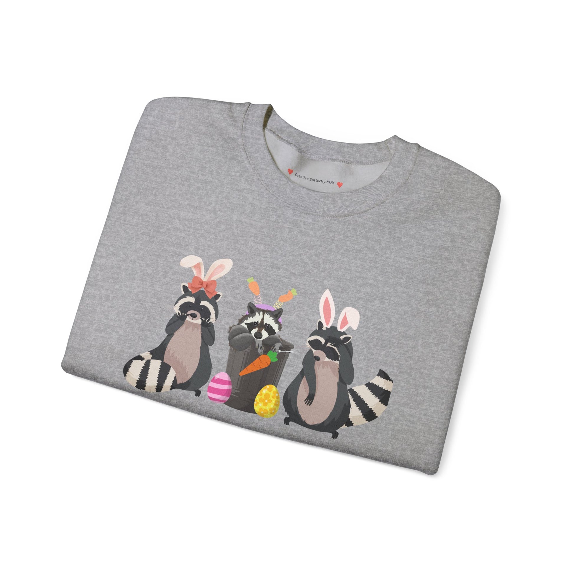Raccoon crewneck sweatshirt with bunny ears design for a cute kawaii Easter outfit Y2K - color grey