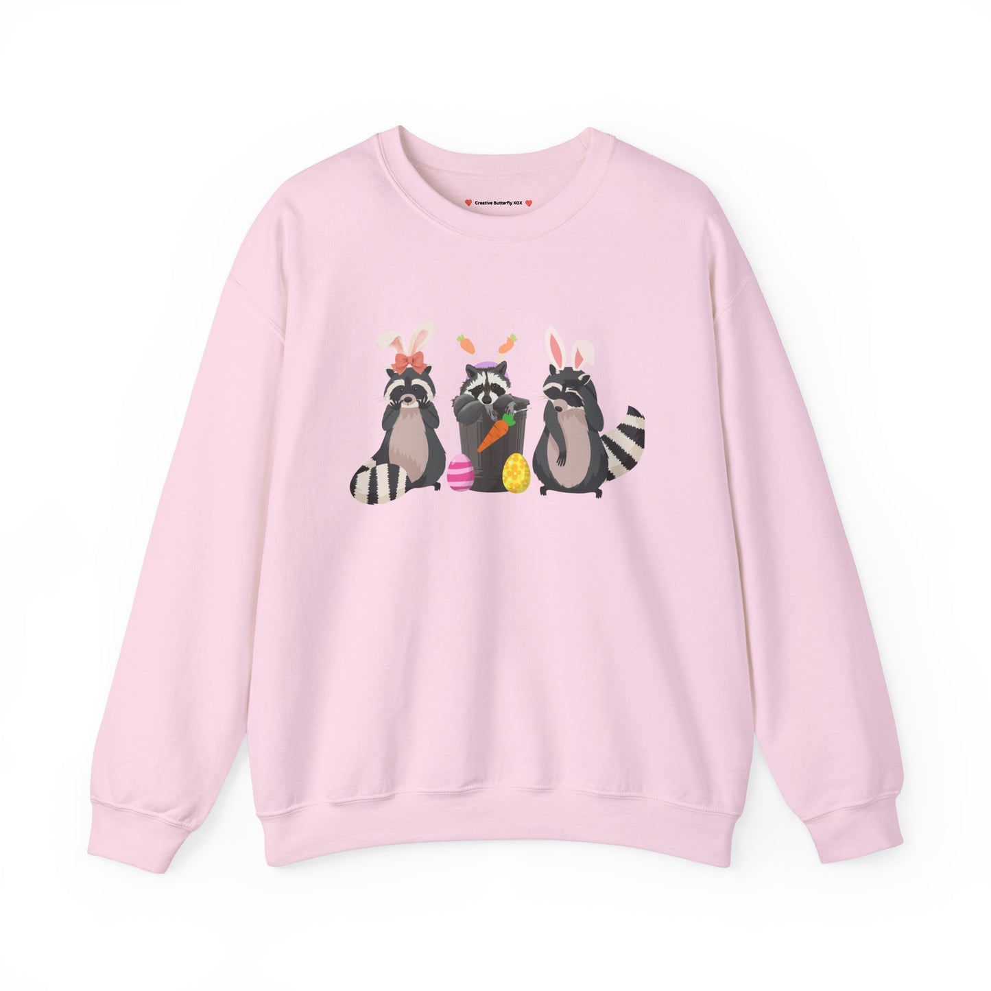 Raccoon sweatshirt with bunny costume design, perfect for Easter brunch & egg hunt - Easter Sweatshirt pullover color pastel light pink, baby pink