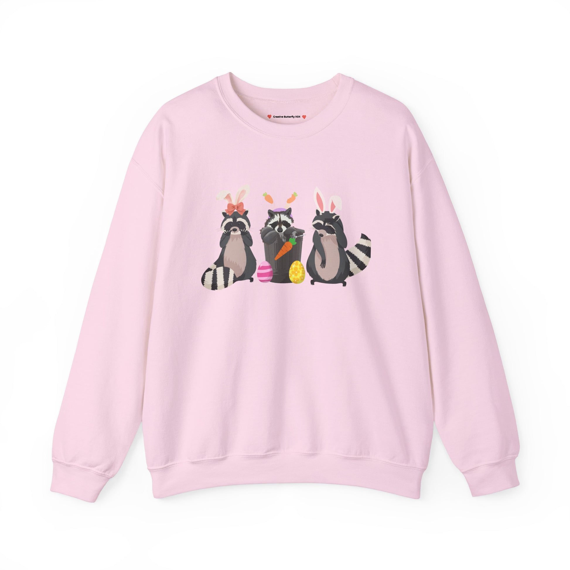 Raccoon sweatshirt with bunny costume design, perfect for Easter brunch & egg hunt - Easter Sweatshirt pullover color pastel light pink, baby pink