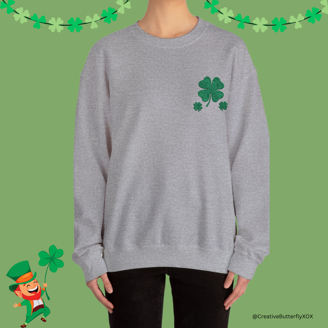 Soft and cozy St. Patrick’s Day sweatshirt with an elegant embroidered 4 leaf clover, St. Patty's day outfit - modeled photo