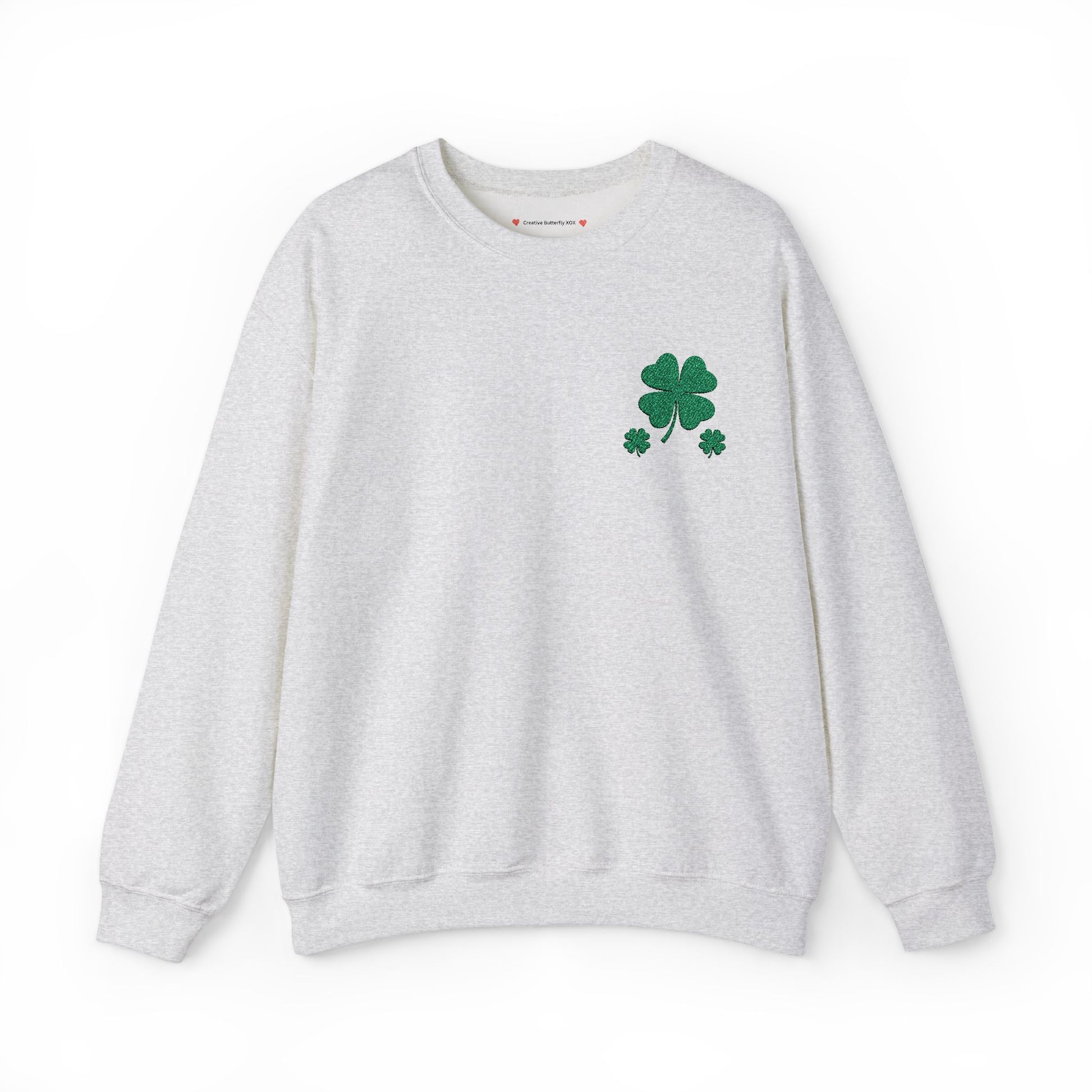 St. Paddy’s Day sweatshirt featuring a classic four-leaf clover embroidery - color ash crewneck with green embroidered shamrock