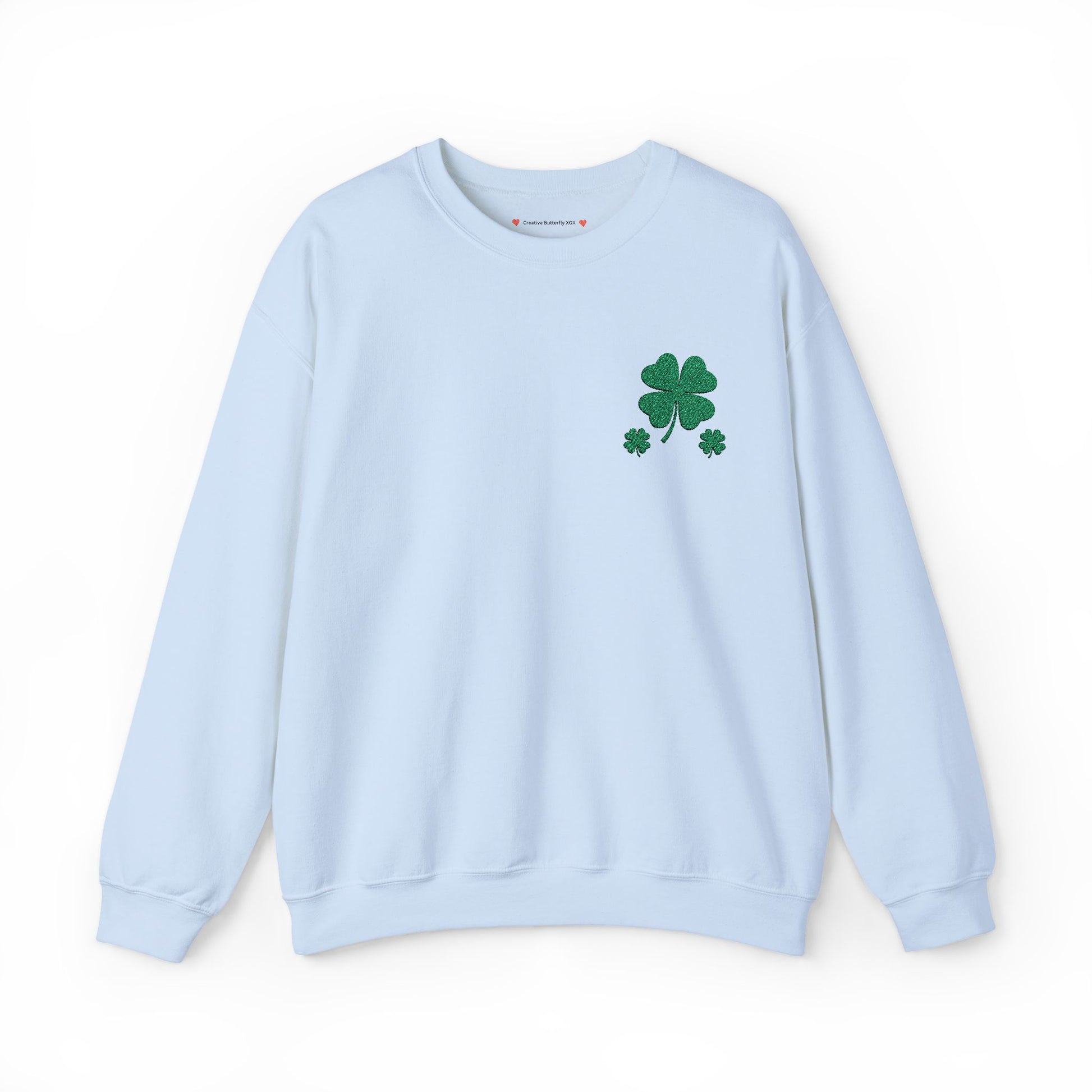St. Patrick’s Day embroidered sweatshirt, color light blue with green four leaf clover design 