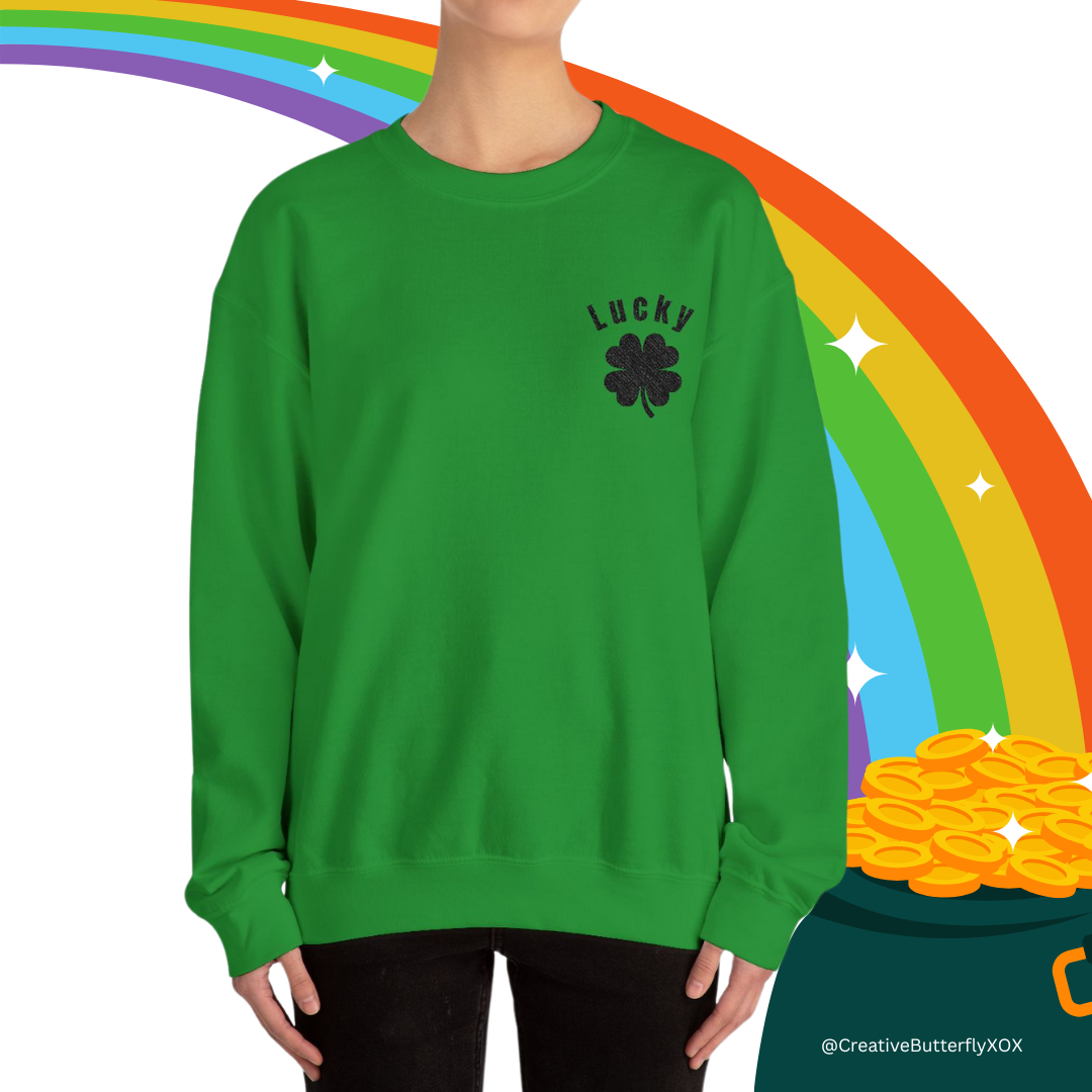 St Paddy's Day embroidered shamrock sweatshirt with Lucky text in black
