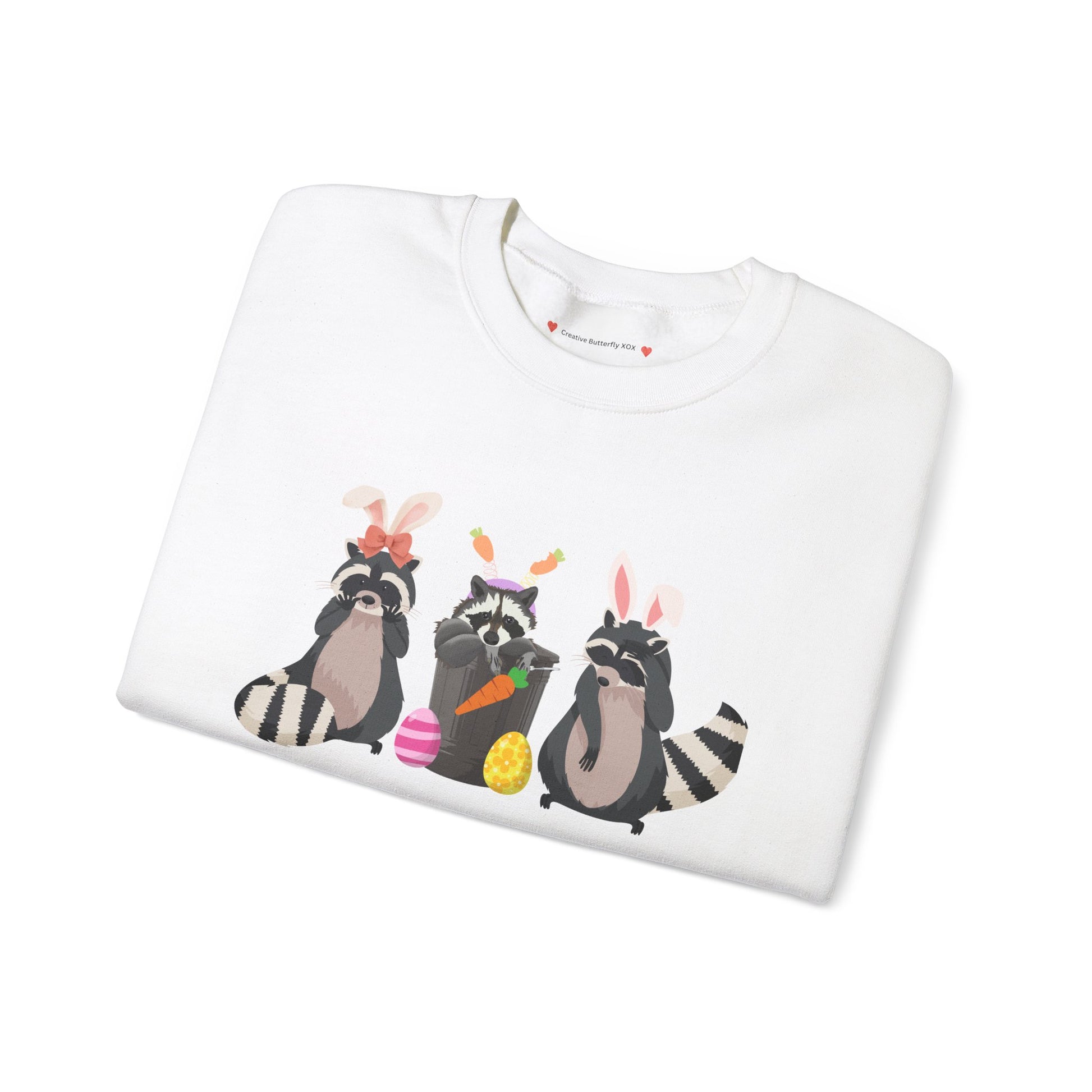 Trash panda street cat raccoon sweatshirt for Easter with cute bunny ears - close up color white
