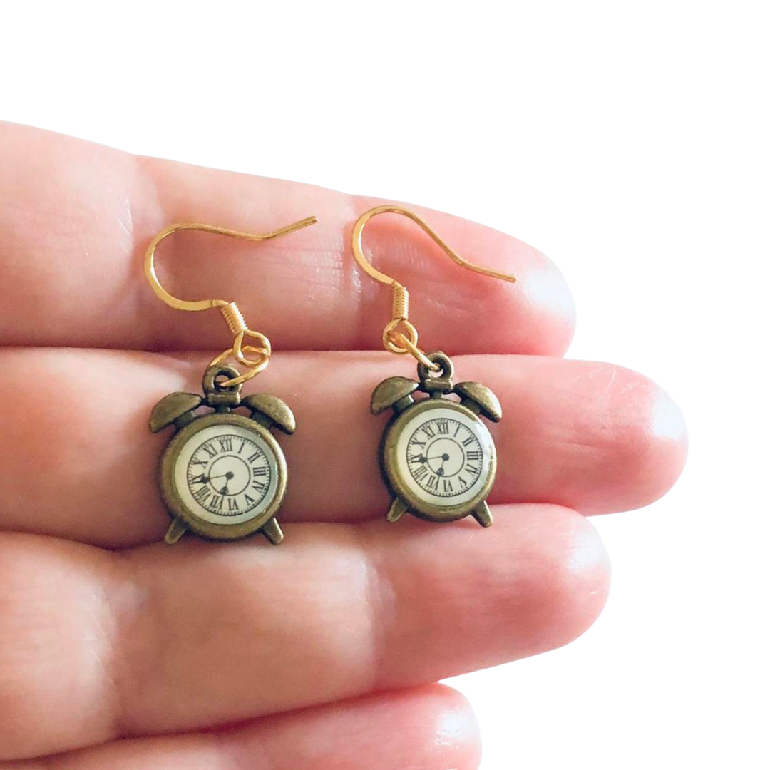 Golden Bronze Clock Earrings Wonderland, Gold Plated Ear Hooks, Retro Fairytale