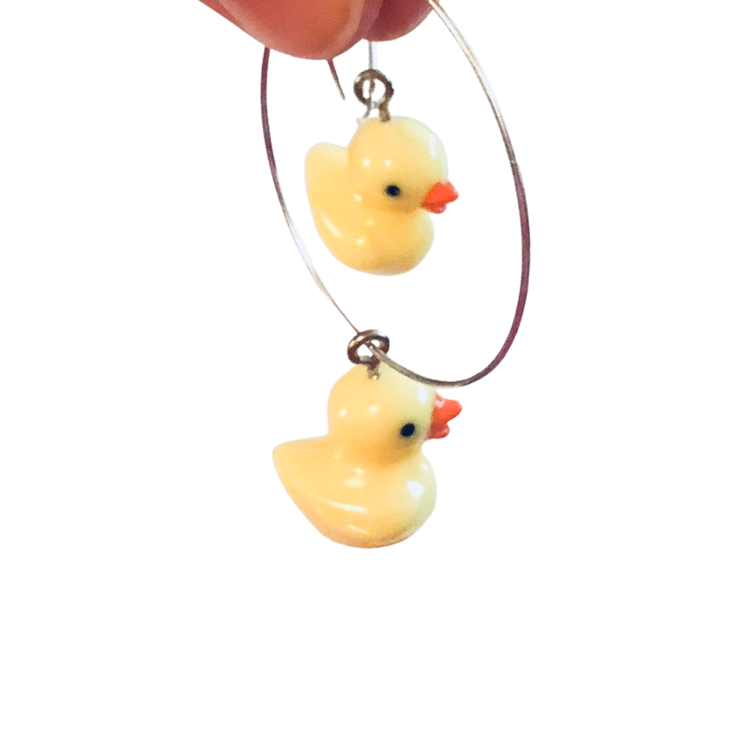 Little Yellow Rubber Duckie Silver Tone Hoop Earrings with Duck Charm Charms, Kawaii Cute