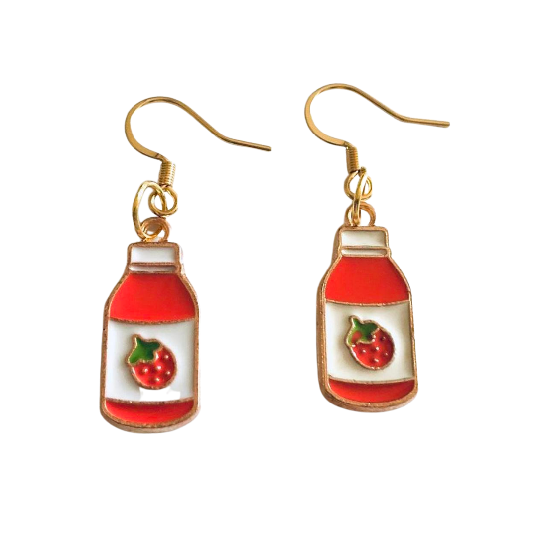 Strawberry Milk Bottle Earrings, Gold Plated Ear Hooks, Cute Kawaii Egirl