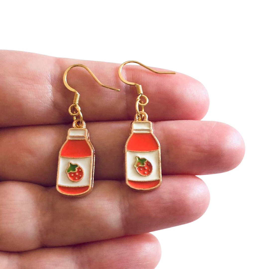 Strawberry Milk Bottle Earrings, Gold Plated Ear Hooks, Cute Kawaii Egirl