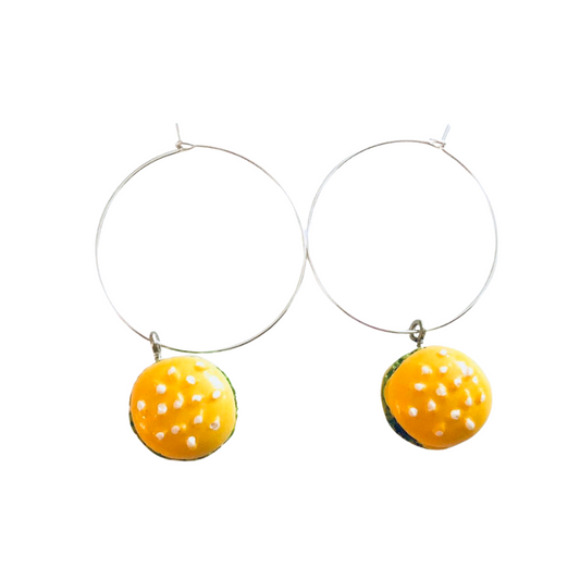 Mini Burgers Silver Tone Hoop Earrings with Burger Charms, Kawaii Cuteness