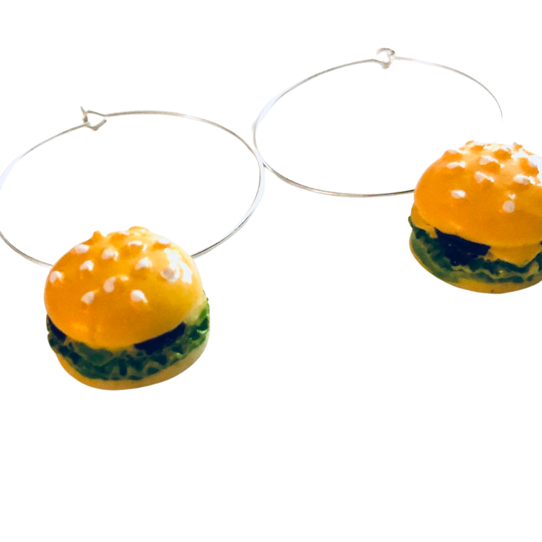 Mini Burgers Silver Tone Hoop Earrings with Burger Charms, Kawaii Cuteness