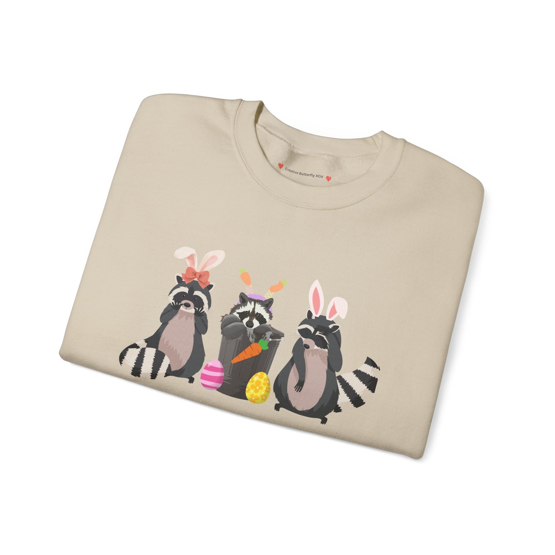 Woodland animal raccoon sweatshirt for Easter featuring raccoons in bunny ears with spring vibes - color sand close up