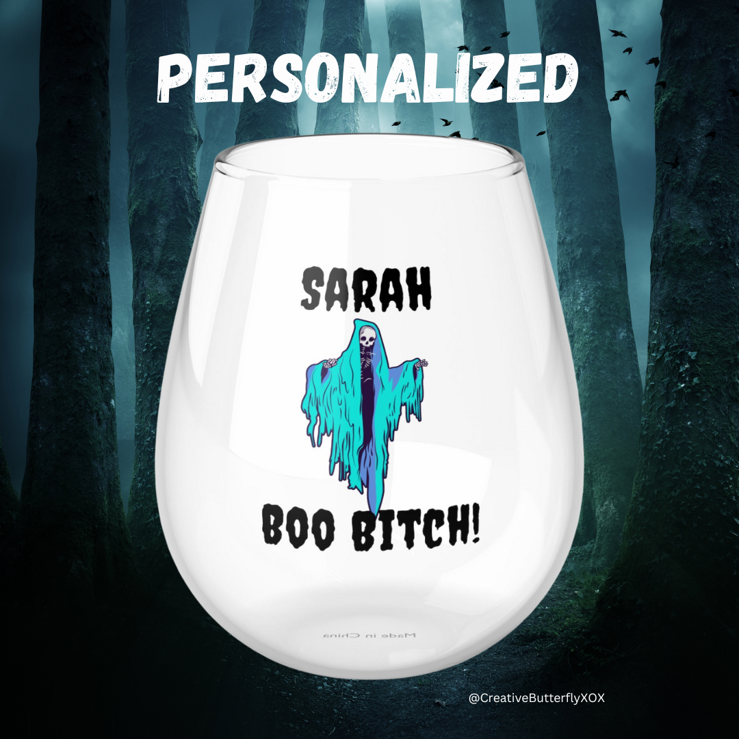 Personalized Boo Bitch Wine Glass, Funny Skeleton Wine Glass, Floating Ghoul Glass, Custom Halloween Wine Glass, Spooky Season