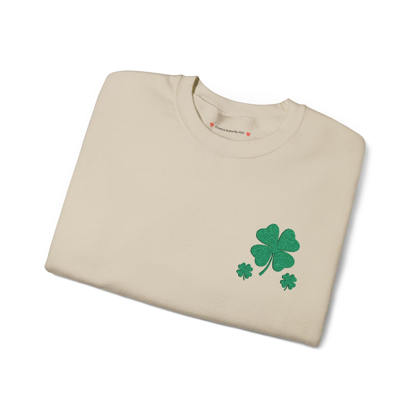 Color sand folded sweatshirt pic - embroidered four leaf clover pullover St Patrick's day