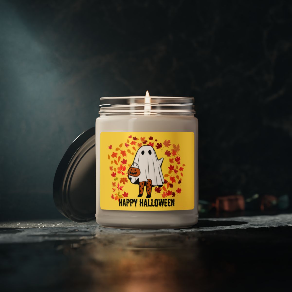 Cute Ghost Candle with Autumn Leaves, Happy Halloween Candle Gift, Halloween Gift For Her, Spooky Season Candle, Ghoul Candle Scented