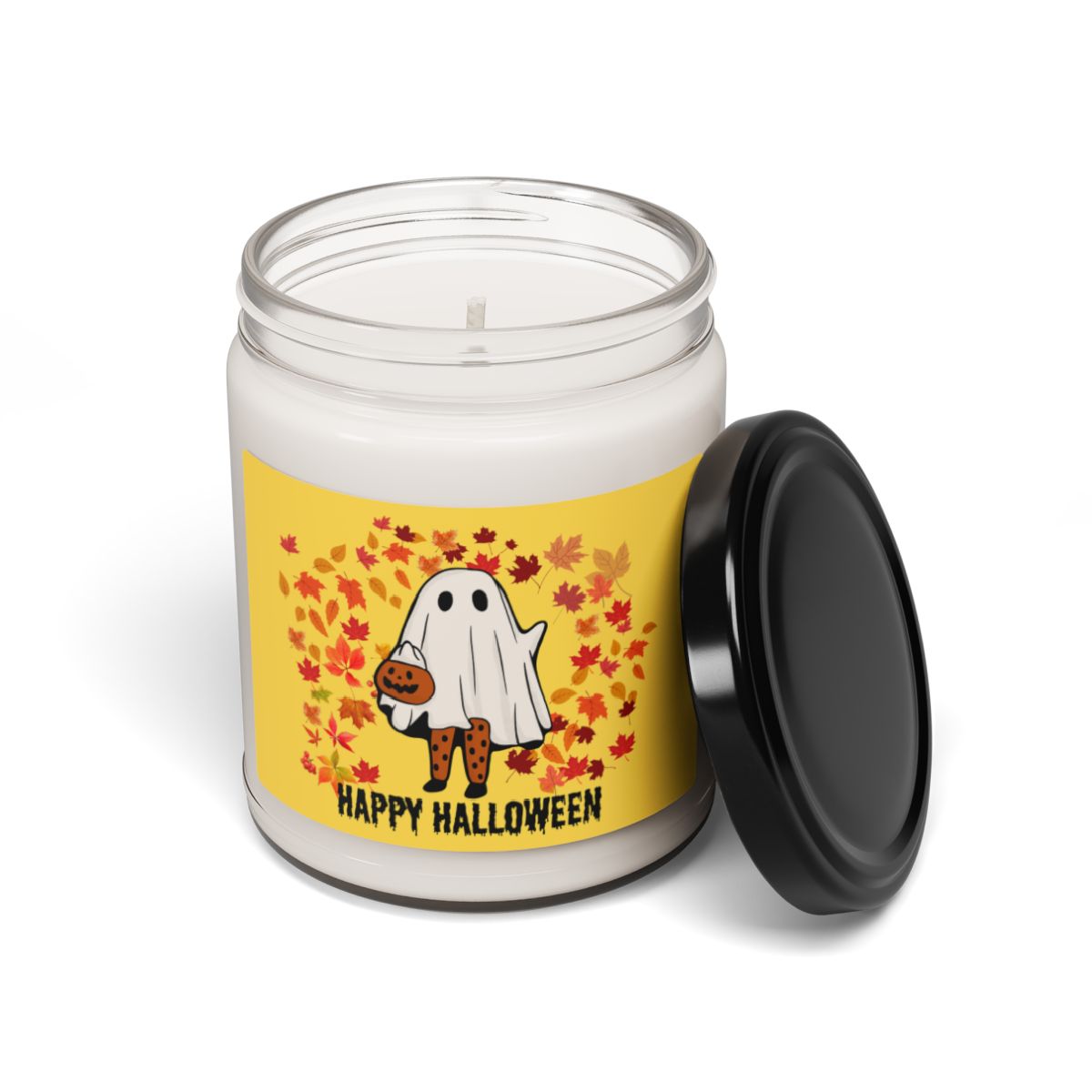 Cute Ghost Candle with Autumn Leaves, Happy Halloween Candle Gift, Halloween Gift For Her, Spooky Season Candle, Ghoul Candle Scented