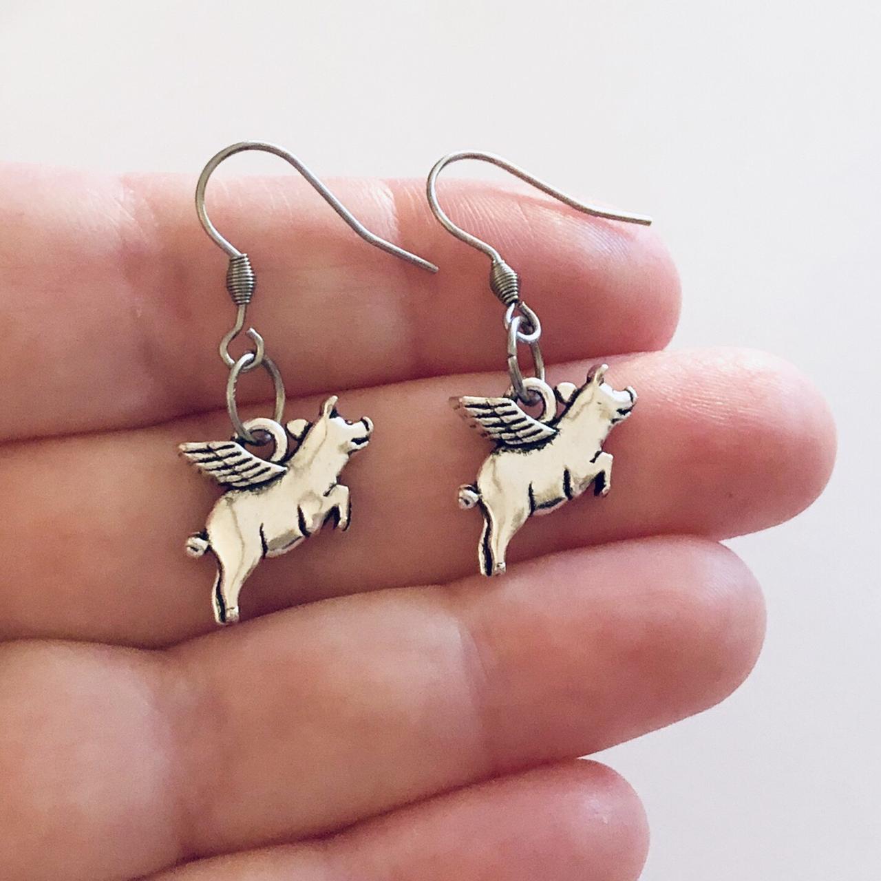 Pig Earrings, When Pigs Fly Earrings, Cherub Angel Pig, Funny Earrings Silver Jewelry, Stainless Steel Fish Hooks