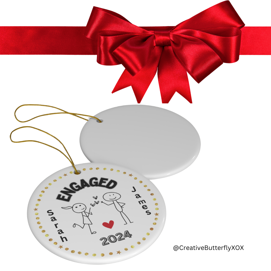 side and back view - Stick figure engagement ornament personalized first Christmas engaged ornament gift