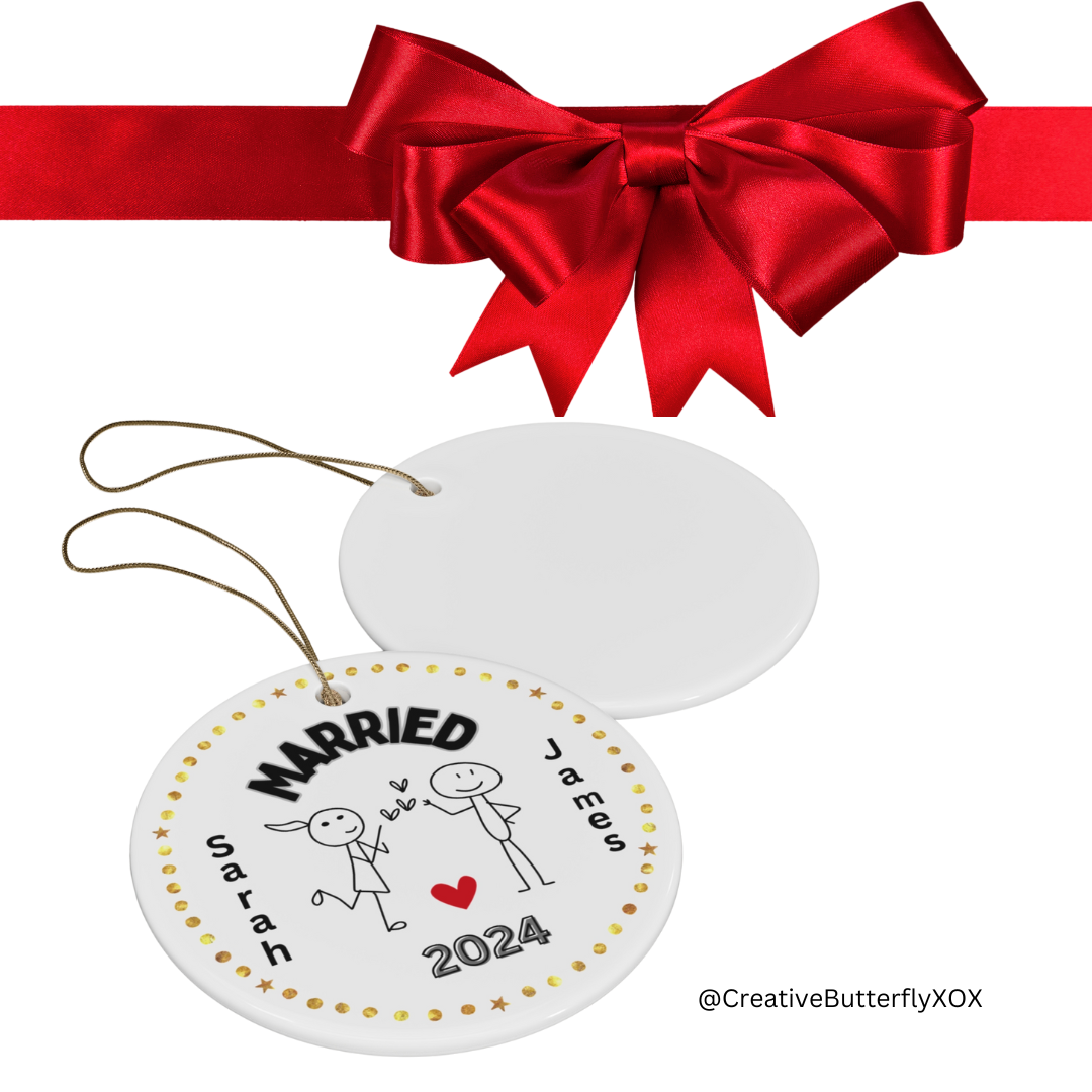 side and back view - Stick figure married couples ornament personalized first Christmas keepsake for newlyweds
