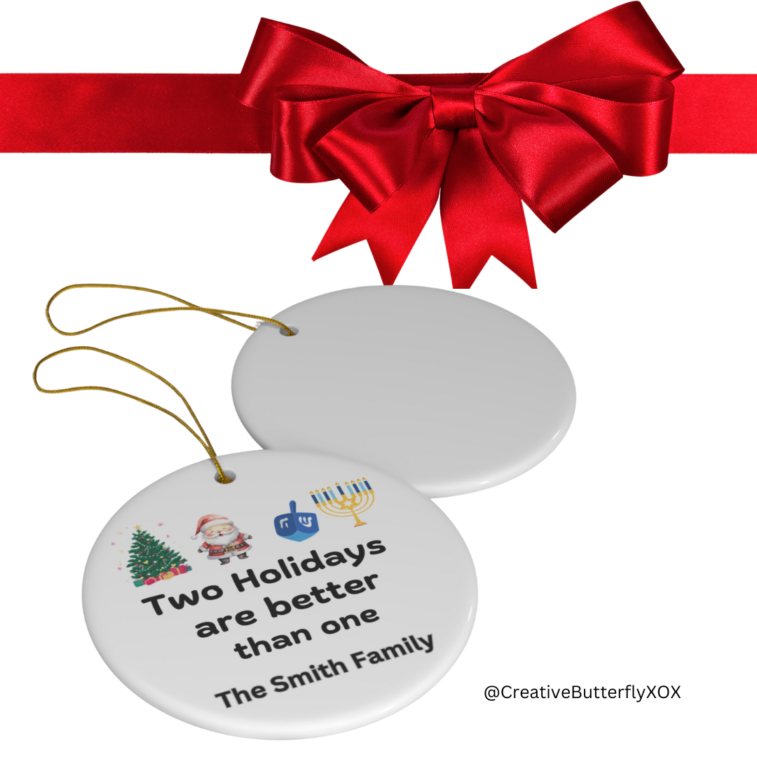 side and back view personalized Chrismukkah ornament, 2 faith interfaith family keepsake, Hanukkah and Christmas 