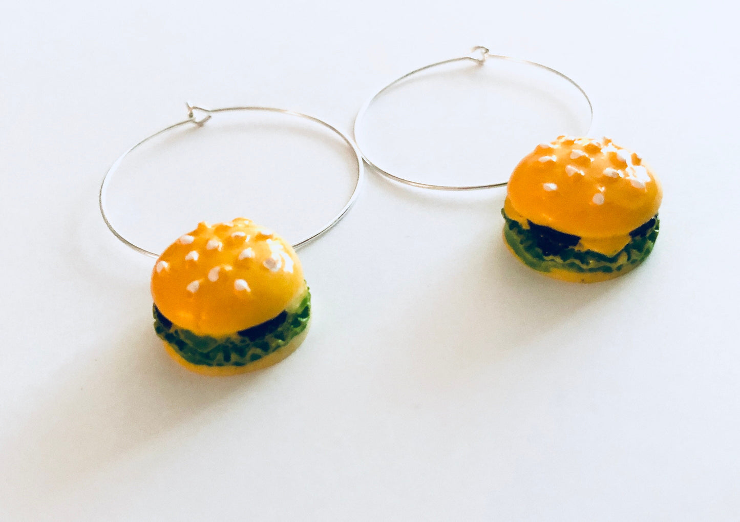 Mini Burgers Silver Tone Hoop Earrings with Burger Charms, Kawaii Cuteness