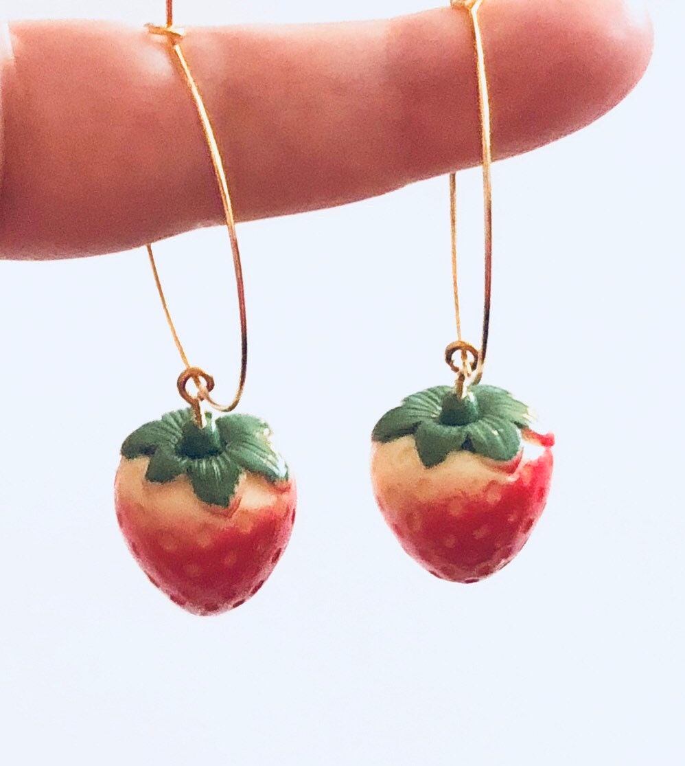 Strawberry Hoop Earrings, Gold Toned Strawberry Charm Hoops Jewerly Kawaii Cute